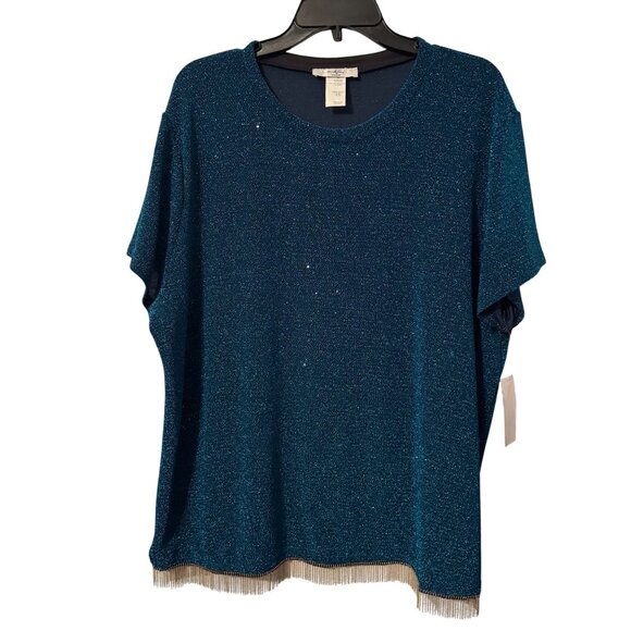 Sparkly Teal Moa Moa Womens 3X Top With Fringe Hemline Nylon Lurex Blend Short S - Picture 1 of 12